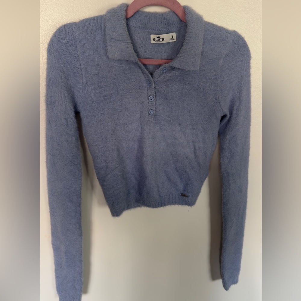 Hollister Fuzzy Cropped Polo Sweater in Periwinkle